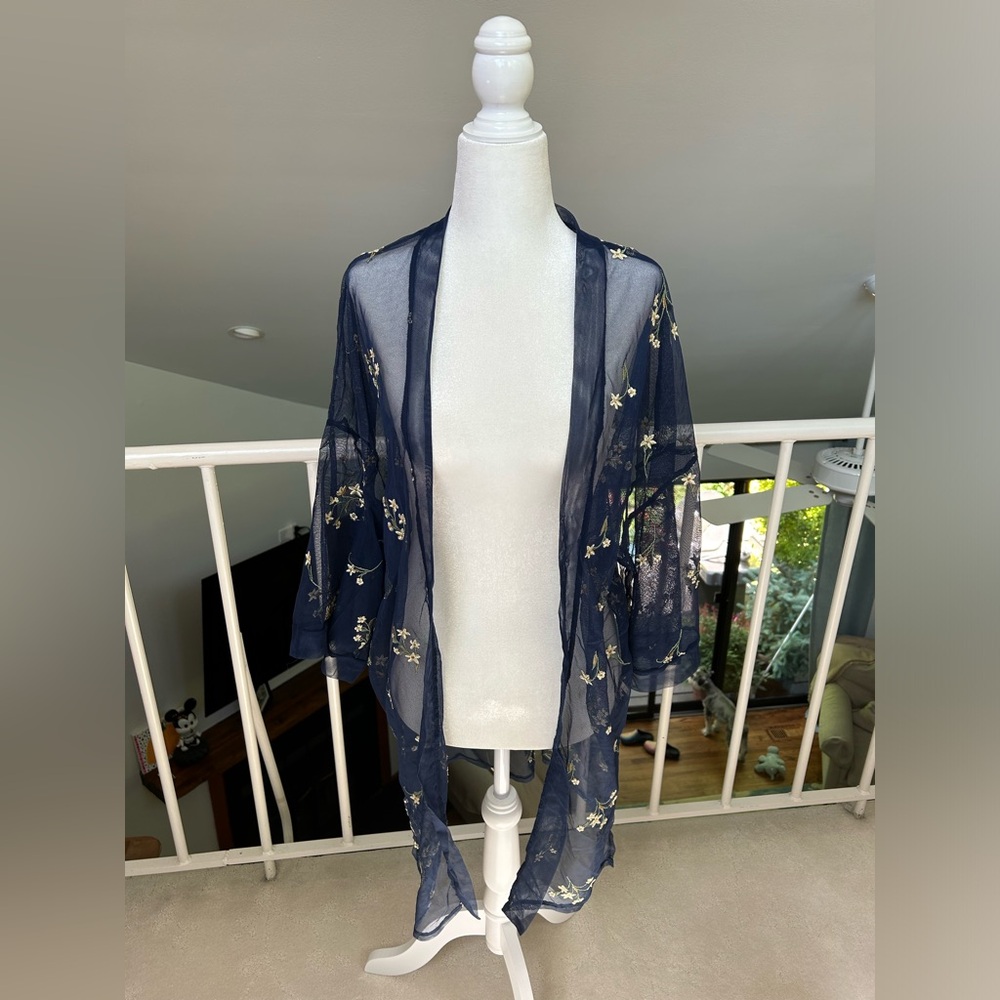 Sheer Mesh Blue Floral Kimono Embroidered Flowers Size S from Japan Summer Boho